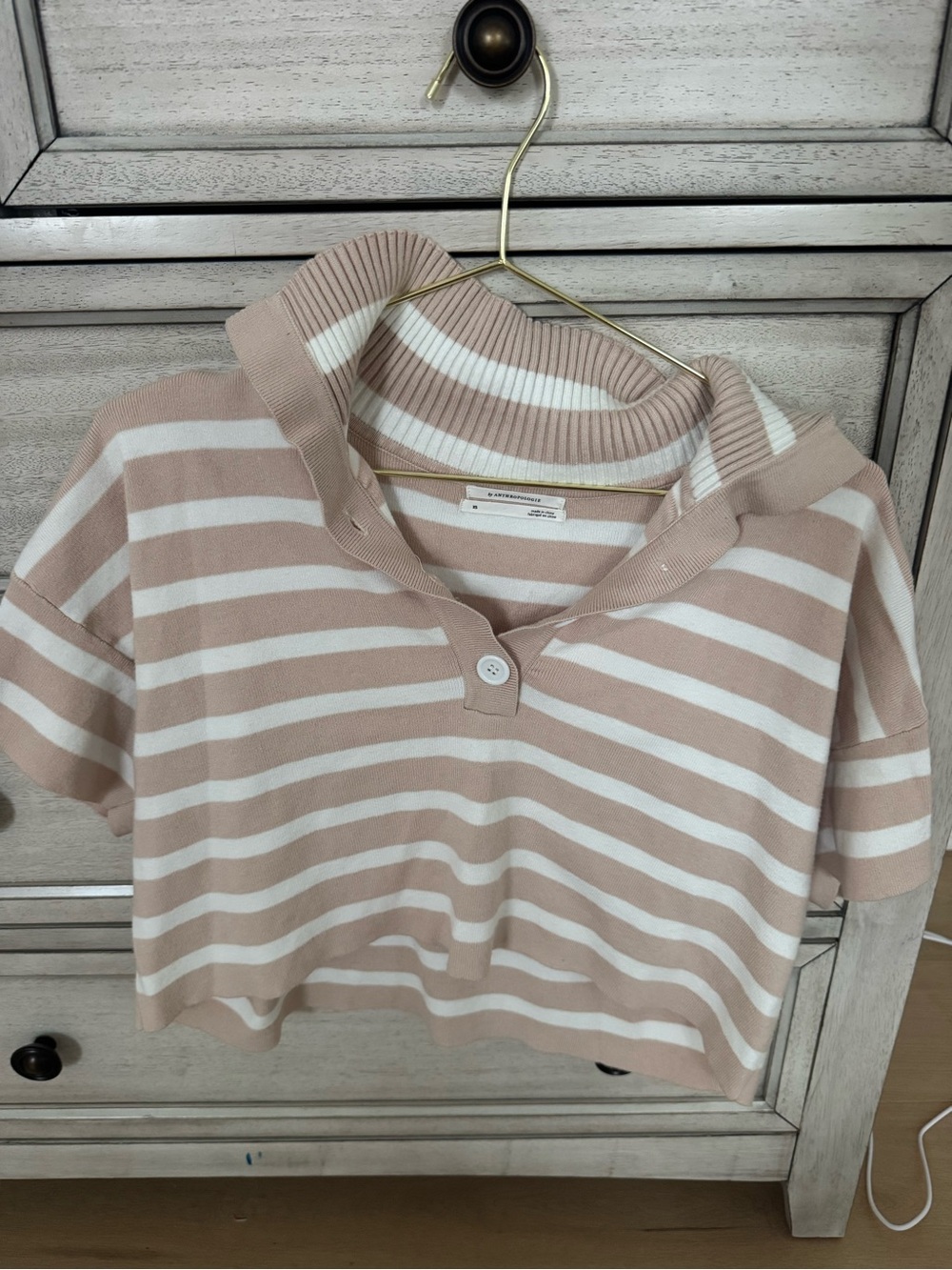 Anthropologie Striped Short-Sleeve Polo Top in Blush and White